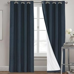 PrinceDeco Navy Blue 100% Blackout Linen Curtains 90 Inch Long, Thick Faux Linen Fabric Room Darkening Curtains & Drapes for Bedroom/Living Room Thermal Insulated with White Liner,52 x 90 In