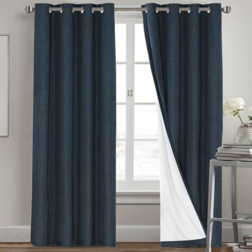 PrinceDeco Navy Blue 100% Blackout Linen Curtains 90 Inch Long, Thick Faux Linen Fabric Room Darkening Curtains & Drapes for Bedroom/Living Room Thermal Insulated with White Liner,52 x 90 In