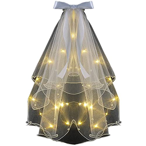 CICILIAYA Velo de perlas de novia para mujer, velos cortos de marfil simples con peine para novia, ducha, despedida de soltera, disfraz de iglesia, regalo de graduación, Halloween, niñas (LED blanco)