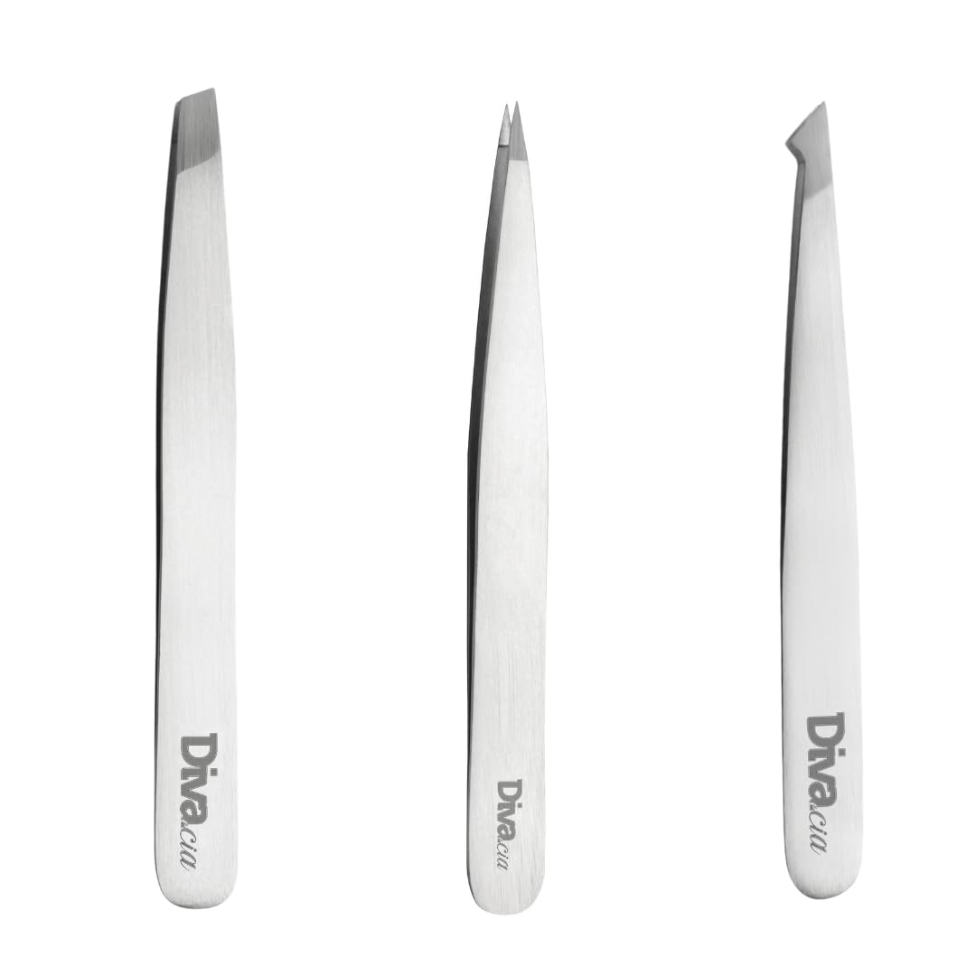Kit 3 Pinças para Sobrancelhas Pinça Agulha, Chanfrada e Diagonal de Alta Precisão,
