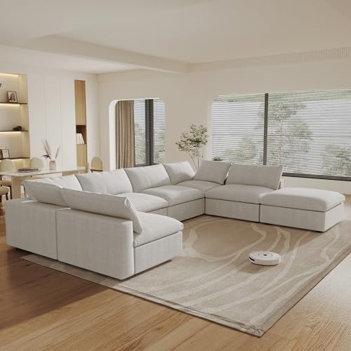 Image of 160 inch Cloud Couch Modular Sectional Sofa for Livingroom,Oversized Convertible Sofa with Storage Ottomans,7 Seat Wide Couches,Cushion Covers Removable,Khaki