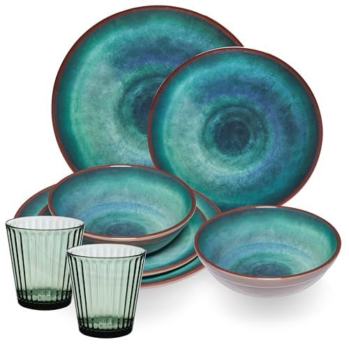 Melamin Geschirr Set Jesolo Grün für 2 Personen - 8 Teile - Trinkglas 360 ml grün - Steingutoptik Spülmaschinengeeignet - Essgeschirr Campingzubehör Campinggeschirr Wohnwagen Camping Gartenparty