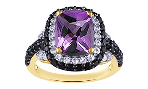 Jewel Zone US Simulated Amethyst, White CZ & Black Spinel Halo Ring in 14k Gold Over Sterling Silver
