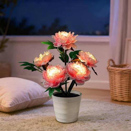 Image of Pink Peony Artificial Flower Lamp, Night Light for Bedroom Wedding Bar Coffee Shop Decor, Christmas Valentines Mothers Day Anniversary Birthday Gifts for Women Mom Grandma Wife Friend