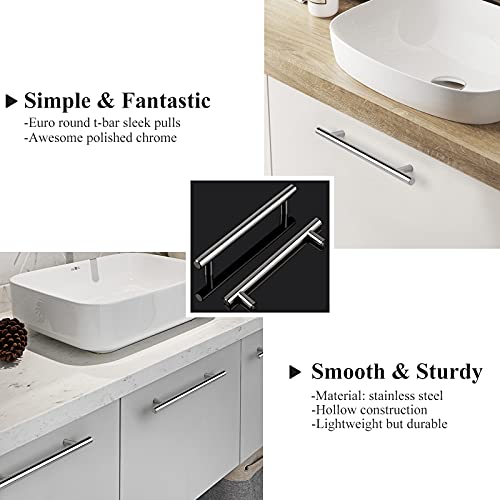 Image of Probrico 20 Pack Kitchen Cabinet Handles 6-3 /10 inch Hole Center Polished Chrome Cabinet Pulls - Euro T Bar Drawer Pulls Stainless Steel Cabinet Hardware for Bathroom, Closet, Wardrobe