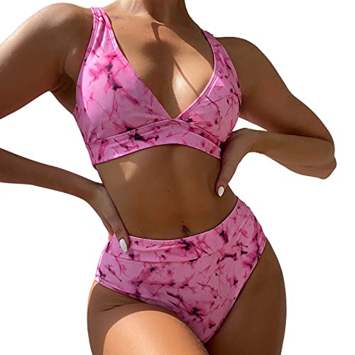 Bikini Copa Completa Bikinis con Estampado de Tinte de Corbata para Mujer, Traje de baño Sexy con realce, Conjunto de Bikini de Dos Piezas, Traje de baño para Playa, Traje de baño Neceser (Pink, L)