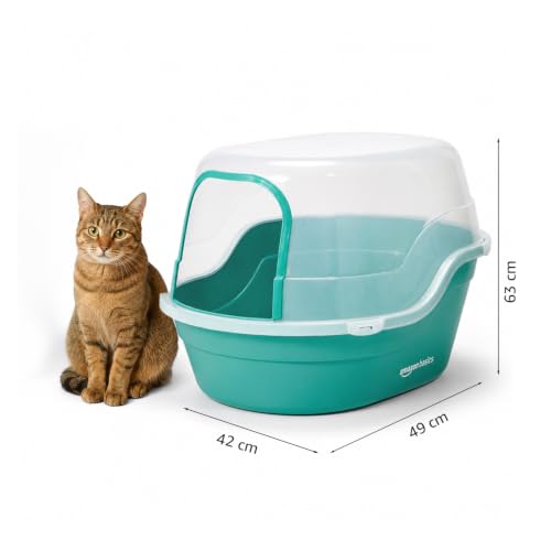 Image of Amazon Basics Semi Enclosed Cat Litter Box | Large Litter Tray | Easy Clean Cat Washroom for Indoor Cats | Green & Transparent | 42 X 49 X 63 cm | Suitable for Kittens & Adult Cats