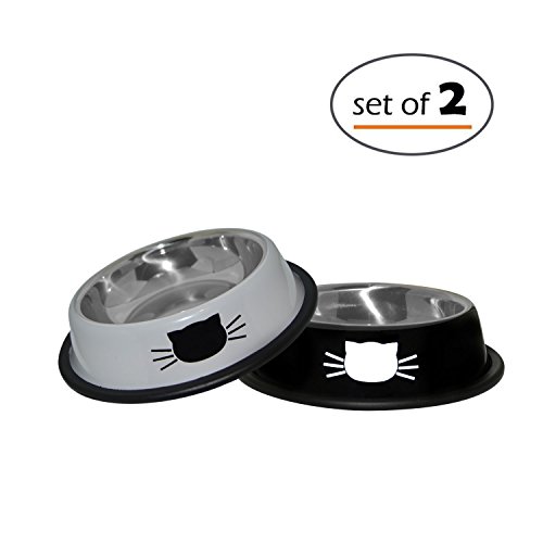 Petfuren Cat Bowls Set Non-Skid Stainless Steel Cat Dish 8 Ounce with Black/Gray Color and Cute Cat Face for Pet Food & Water Bowl (Set of 2)