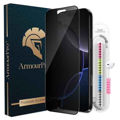 Image of ArmourPro Privacy Tempered Glass for iPhone 16, iPhone 15, Anti Spy Anti Peeping Screen Protector, Edge-to-Edge Full Coverage, 9H Hardness with Cable Protector | Black
