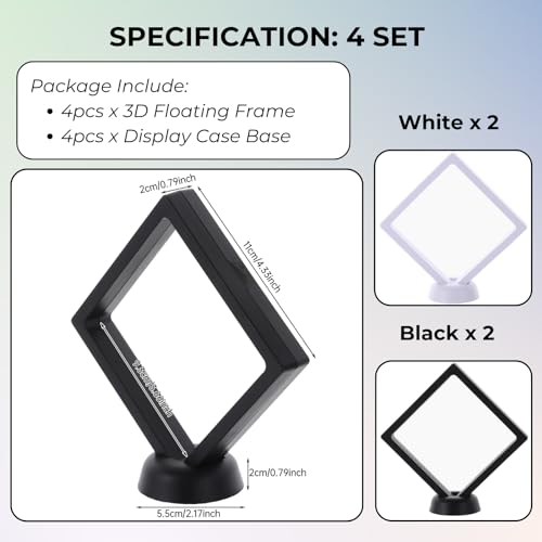 Image of 3D Floating Frame Display Cases, 4pcs Transparent PE Film Jewelry Storage Case for Bracelet Necklace Earrings Rings, Suspension Display Stands for Coin Medal Artefact Chip, 4.33''x4.33''