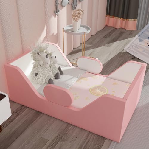Toddler Bed, Child Bed for Kids with Extra Safty Broad, Standard Crib Size Toddler Bed, Certified Fabric Toddler Beds,Toddler Flood Bed (Mixed Pink&White)