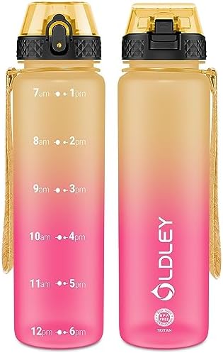 OLDLEY 1L/32oz Sports Water Bottle with 2 Different Lids, 1000ml Motivational Drinks Bottle with Time Markings Leak Proof Drink & Lock Cover, BPA Free for Gym School Cycling Running Hiking