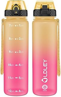 OLDLEY 1L/32oz Sports Water Bottle with 2 Different Lids, 1000ml Motivational Drinks Bottle with Time Markings Leak Proof Drink & Lock Cover, BPA Free for Gym School Cycling Running Hiking