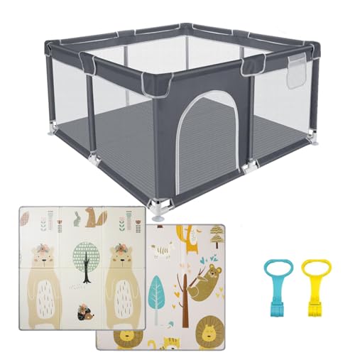 Laufgitter baby Laufstall mit Spielmatte Schaumstoffschutz, Rutschfester, Transparentes Atmungsaktives Netz mit Rundem Reißverschlusstür Babys Zaun für Innen & Außen