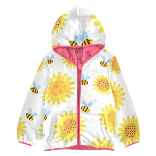 OTVEE Flying Bees Yellow Sunflowers Kids Hoodie Jacket Fall Spring Full Zip Warm Outwear Coat