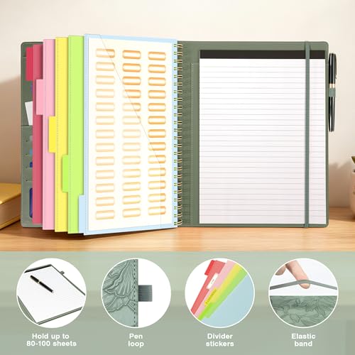 Image of Clipboard with Storage for Men Women, Leather Padfolio Portfolio Organizer 5 Folders with 10 Pockets, Spiral Clipboard Folio with Notepad for Letter Size, Elastic Closure and Pen Loop Green Floral
