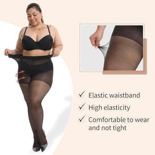 Plus Size Sheer Pantyhose - Ultra Comfy Plus Size Tights, 2 Pack 15D Control Top Pantyhose for Women4