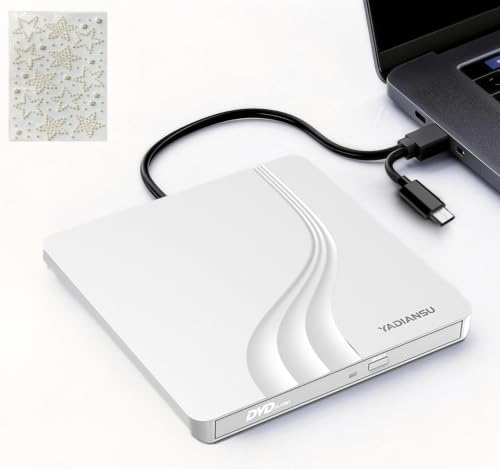 Image of External CD DVD Drive, 0.5″ Ultra Slim USB 3.0 Type-C DVD Player, CD DVD+ /-RW Optical Drive, Portable DVD CD Burner Reader Writer Recorder for Laptop, Desktop, Mac, Windows 11 /10 /8 /7, Linux, White