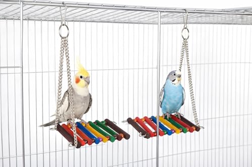 Image of KSK Wooden Bird Swing for Cage - Pack of 2, Thick Wooden Perch Bars with Heavy Duty Chain, Colorful Hanging Swing Toy for Cockatiel, Budgie, Lovebird & Small Parrots