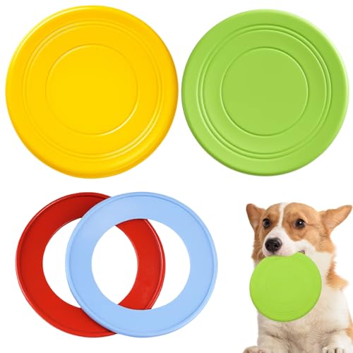 QhgPnt 4 Dog Frisbee Toys, Frisbee Dog Toy Set, Durable Silicone Flying Discs for Training and Outdoor Play, Indestructible Dog Frisbee for Beach, Garden, Pool Activities, Yellow, Green, Red, Blue