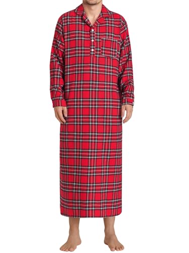Men's Flannel Nightshirt Long Cotton Nightgown with Pockets