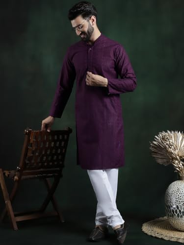 Image of SOJANYA (Since 1958 Men's Pure Cotton Checked Embroidered Long Kurta | Traditional for Diwali Celebrations