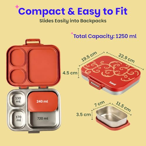 Image of Basil Bento Box Quad Plus - 4 Compartment Stainless Steel Lunch Box (1020ml) with BPA-Free Lid | Leak-Proof Tiffin for Kids & Adults | Premium Lunch Box for School, Office & Picnic - Jaipur Jaali
