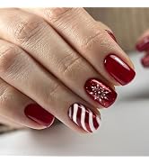 Christmas Red Press-on Short Square Fake Nails with Snowflake Design, Red & White Stripes, Glossy...