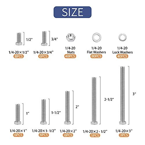 200pcs nuts and bolts 14-20 x 12 34 1 1-12 2 2-12 3 carbon steel hex bolts and nuts assortment kit hardware screws set 7 different sizes