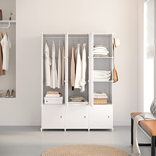 JOISCOPE Portable Wardrobe for Bedroom Storage Organizer Closet with Clothes Hanging Rail, Deeper Cube Combination Armoire Modular Cabinet for Clothes Shoes Toys, White (12-cube) - Image 3