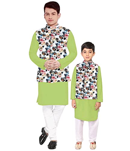 Image of Os Men's & boy kurta pyjama set with nerhu jackets (Multi printed) in cotton (baap beta|father son|)