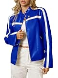Tankaneo Womens Faux Leather Bomber Jackets Zip Up Color Block Moto Biker Jacket Casual Vintage Y2K Racing Coat