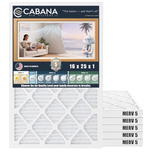 Cabana Filters 6-Pack 16x25x1 MERV 5 AC Furnace Air Filter Pleated Filters Indoor HVAC System Filtration Replacements - Captures Unwanted Particles