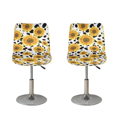 Image of Stretch Bar Stool Covers Set of 2,Cow and Sunflower Stretch Removable Washable Bar Stool Chair Covers, Counter Height Chairs Covers for Kitchen Dining Room Cafe Furniture