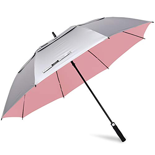 G4Free 68 Inch UV Protection Golf Umbrella Auto Open Extra Large Windproof Sun and Rain Umbrellas Double Canopy (Silver/Pink)