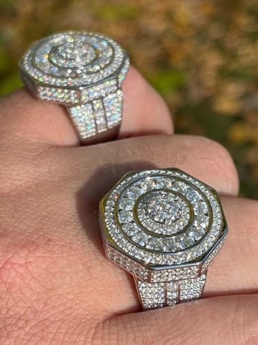 HarlemBling Men’s 3.6ct Moissanite Octagon Ring – VVS D Color Certified Stones – Iced Out 3D Design – Solid 925 Silver – Passes Diamond Tester3