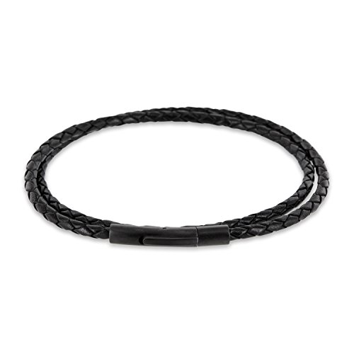 Auroris Echtleder Kette/Armband geflochten 3mm Farbe: schwarz mit Hebeldruckverschluss aus matt-schwarzem Edelstahl - Länge: 50cm
