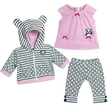 Sophias Baby Doll Outfit Includes Panda Bear Hooded Sweatshirt, Pink Tunic, and Gray Polka Dot Leggings 3 Piece Set for 15" Dolls, Pink/Gray