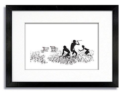 Laminated Posters Banksy Hunters Shopping Trolley Mounted & Framed Print ..Measures 10 x 8 Inches