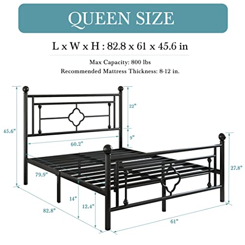 Hoomic 14 Inch Queen Size Metal Platform Bed Frame With Vintage Headboard And Footboard/Mattress Foundation For Storage/No Box Spring Needed/Easy Assembly/Black #TOP1