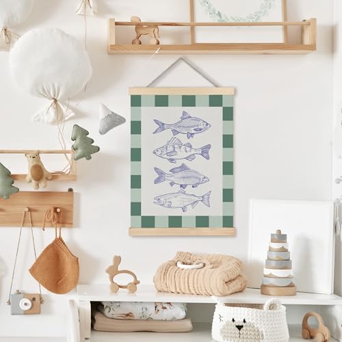 Image of PQKIY Green Plaid Coastal Beach Fish Wall Art Decor,Ocean Room Decor,Vintage Blue Fish Nautical Wall Decorative for Bedroom Living Room Home,12x16 Inch