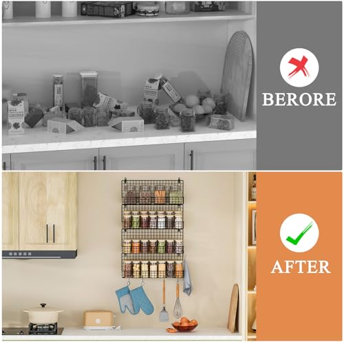 X-cosrack Upgraded Spice Rack Organizer - Wall Mounted Large 4-Tier Stackable Spice Storage with 5 Hooks, Holds 80 Jars, for Kitchen Pantry Organization (Patent:D909138S)