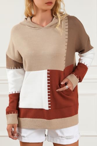 Women's Cozy Brown Color Block Kangaroo Pocket Hooded Sweater2