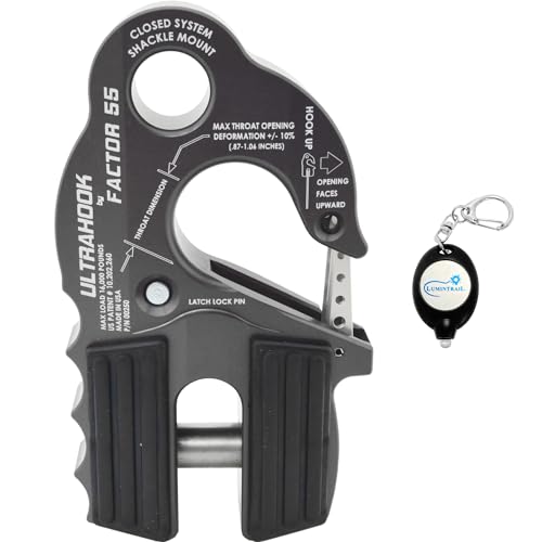 Factor 55 UltraHook Winch Hook, Heavy Duty, w/Integrated Shackle Pin Mount Recovery Towing (Grey), 00250-06, Bundle w/a Keychain Light