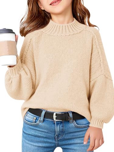 Haloumoning Girls Oversized Sweater Kids Batwing Long Sleeve Mock Neck Pullover Fall Clothes 5-14Y Beige