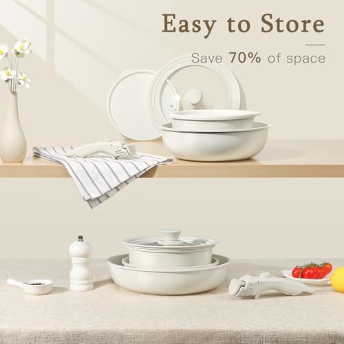 Image of GiPP Ceramic Pots and Pans Set Non Stick, Nonstick Detachable Handle Cookware Sets, Healthy Non Toxic PFAS PFOA & PTFE Free, Dishwasher &Oven Safe, Induction Kitchen Pot and Pan, 15 Piece Cream