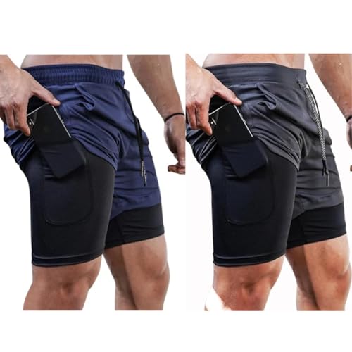 Kit 2 Shorts Masculino 2 em 1 Forrado G Preto e Azul