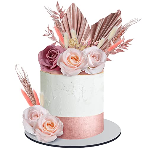 28 Pcs Boho Cake Topper Decorations Vintage Artificial Rose Flowers Leaves For Cake Decorating Kit Dried Faux Flower Decor For Bohemian Wedding Bridal Baby Shower Birthday Party Supplies (Rose Gold) #TOP25