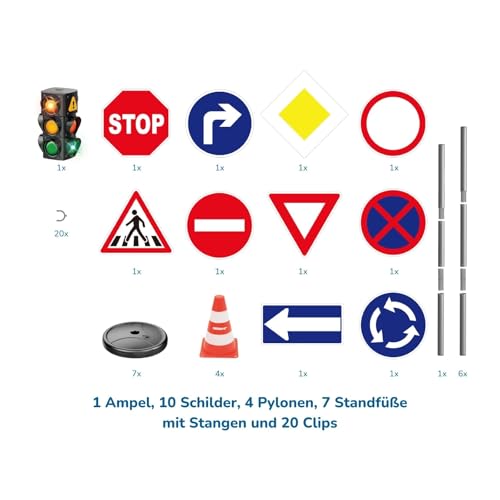 alldoro 60230 XXL-Verkehrsset mit Ampel, 10 Verkehrsschildern (75 cm) & 4 Pylonen, Verkehrserziehung für Kinder, Indoor & Outdoor, Orange