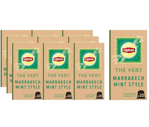 Lipton Thé Vert Marrakech Mint, 100 Capsules Compatibles Nespresso, Antioxydant et Parfumé, Menthe Fraîche et Délicate, Label Rainforest Alliance, x10 Capsules